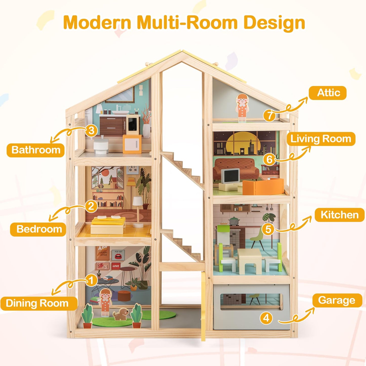 Kids Wooden Dollhouse with 7 Rooms and 18 Pcs Furniture Accessories