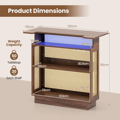 Bar Table, 4-Tier Rattan Bar Cabinet with RGB LED Light