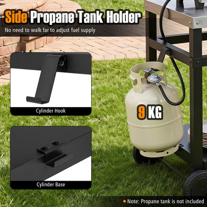 Outdoor Grill Dining Cart, Movable Pizza Oven Table Stand Trolley