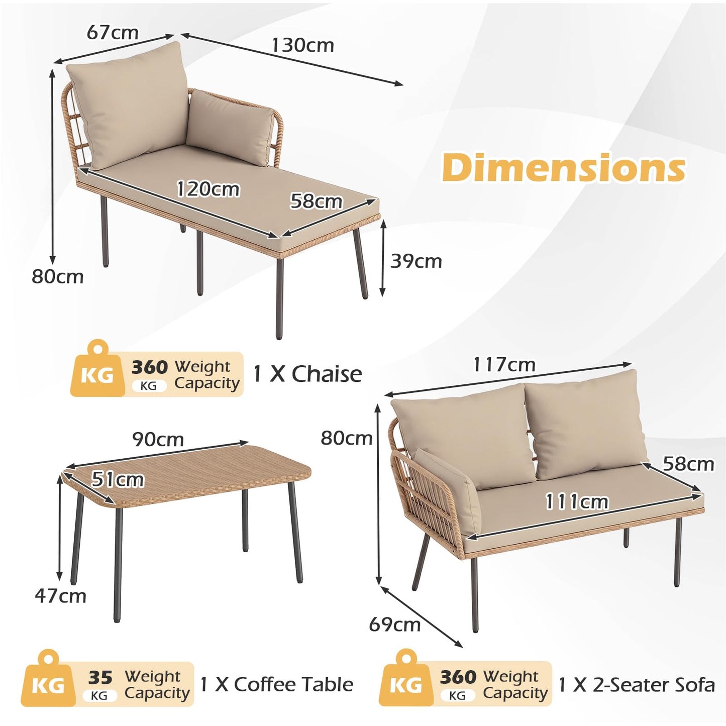 4-Seater Rattan Garden Furniture Set, 3-Piece L Shaped Sectional Outdoor Corner Sofa Sets