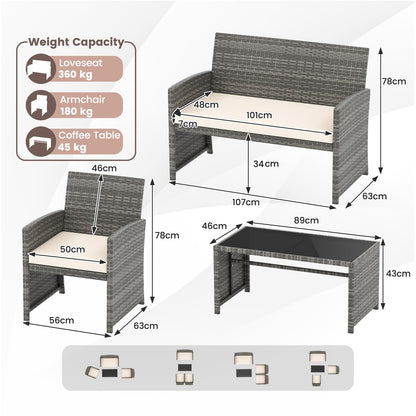 4 Piece Patio Conversation Set Rattan Chair Loveseat and Table Set with Seat Cushions