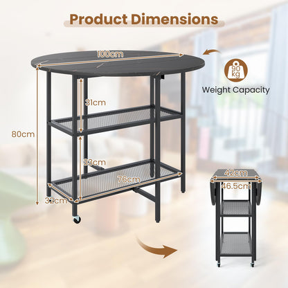Round Drop Leaf Table with 2 Mesh Shelves & 2 Lockable Wheels