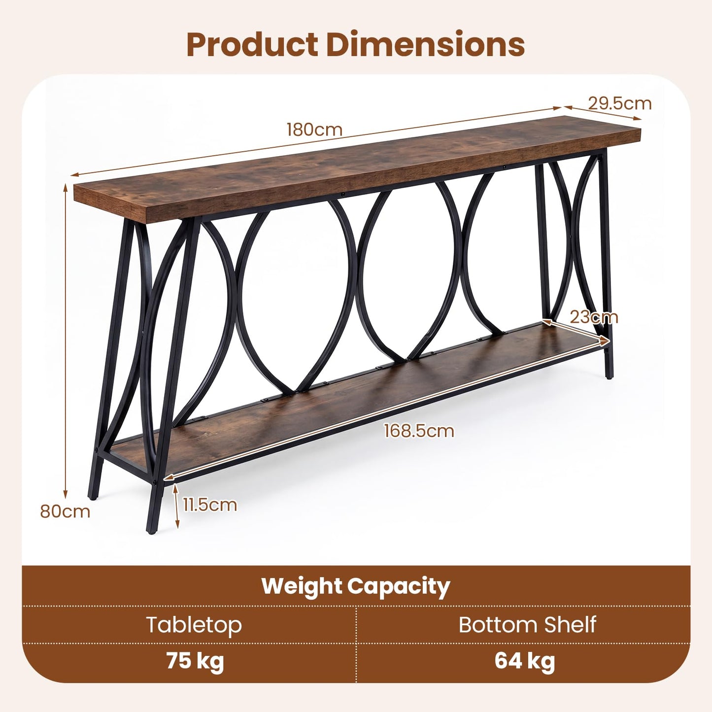 2-Tier Console Table, 180cm Long Industrial Narrow Entryway Table