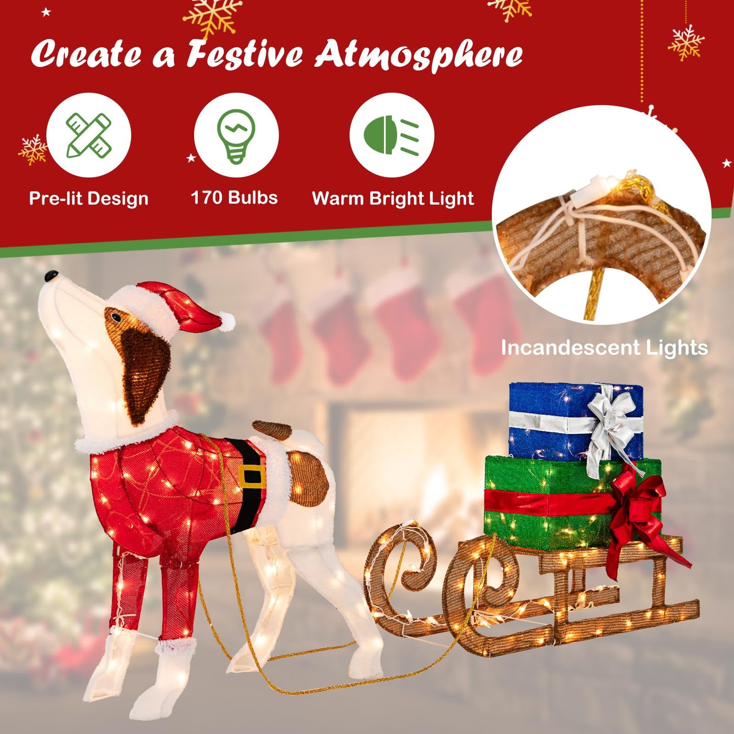Pre-lit Lighted Christmas Dog Sleigh Gift Boxes Combo Decoration