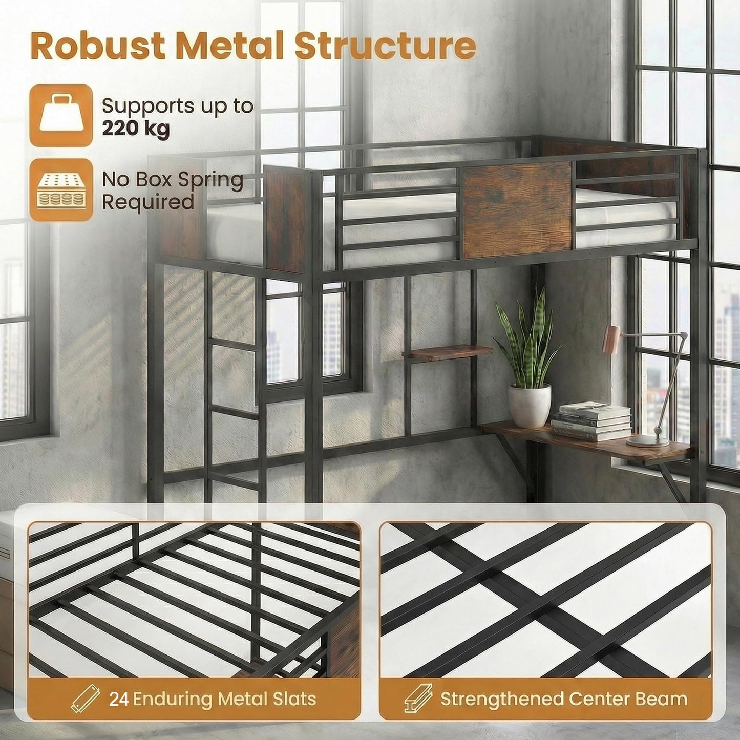 Loft Bed Single Size Heavy Duty Metal Bedframe with Desk