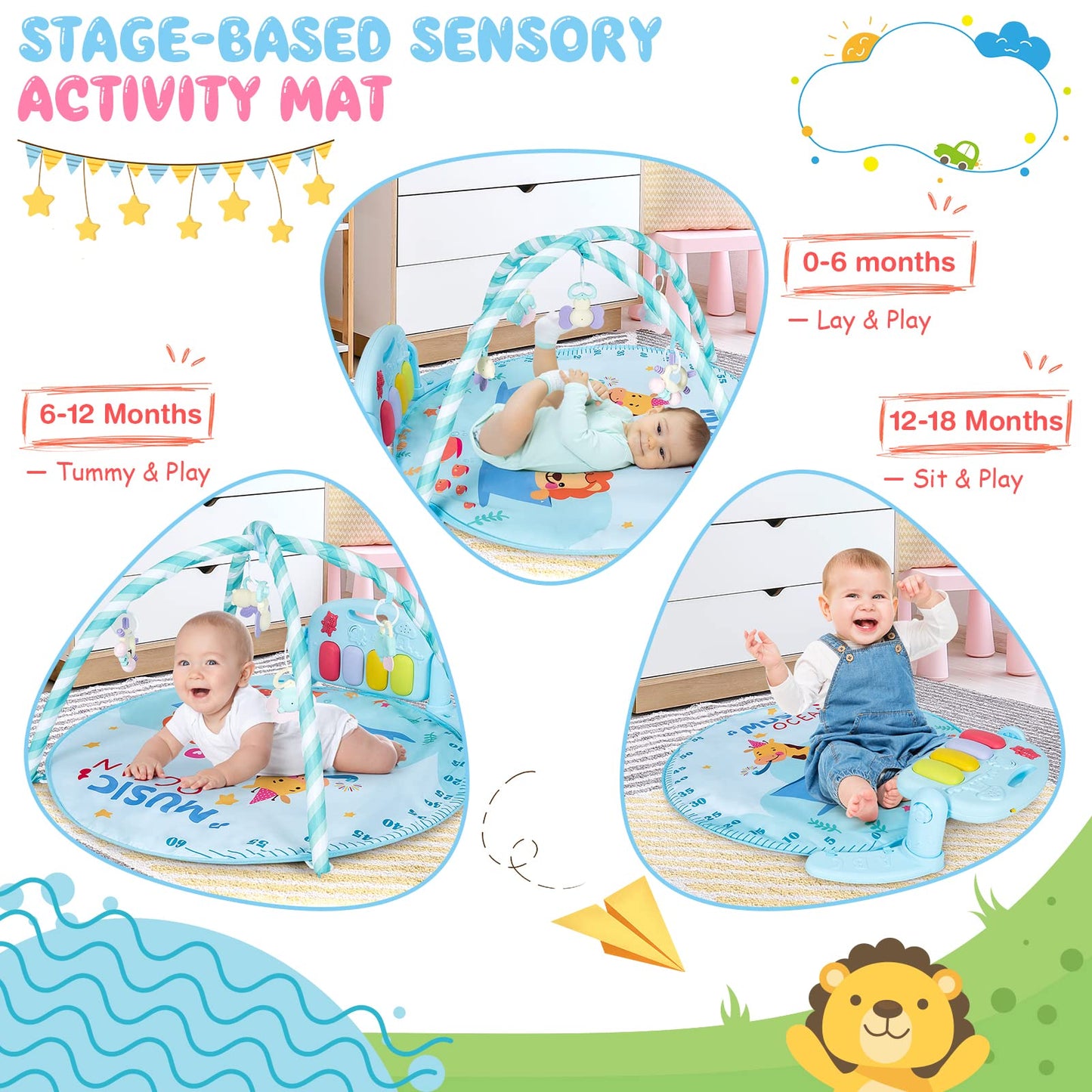 Kick & Play Piano Gym Activity Center with Lights and 5 Hanging Sensory Toys
