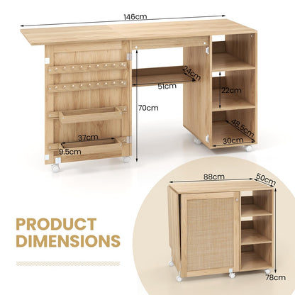 Folding Sewing Table, Mobile Craft Table with Rattan Door