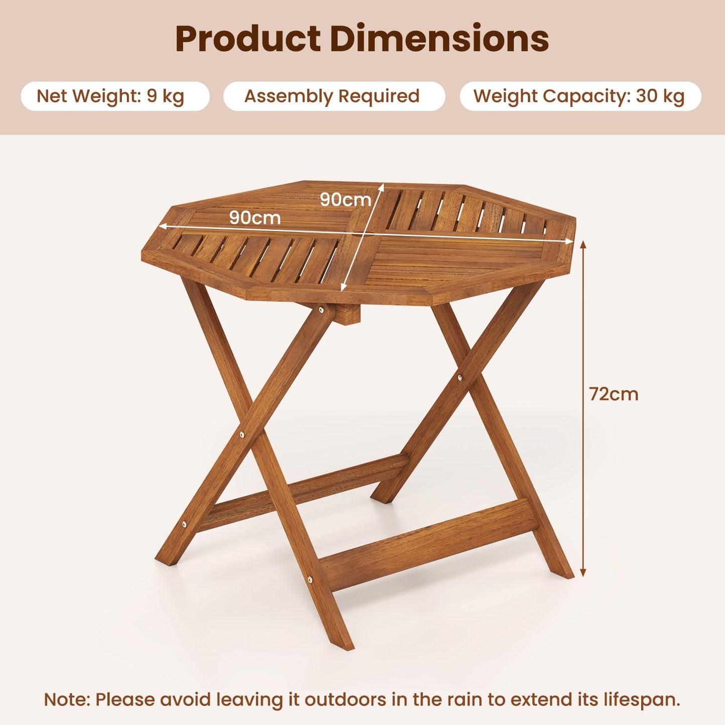 90cm Outdoor Dining Table, Solid Wood Garden Table with Umbrella Hole