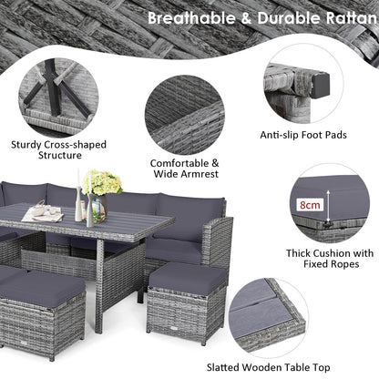 9 Seater Patio Rattan Corner Sofa Set with Sofa Chairs and Coffee Table