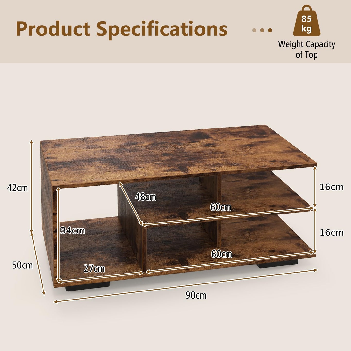 Coffee Table 3 Tier Rectangular Center with L Shaped Middle Shelf