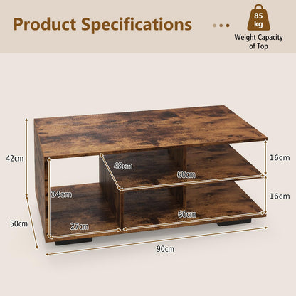 Coffee Table 3 Tier Rectangular Center with L Shaped Middle Shelf