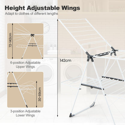 Foldable 2 level Laundry Drying Rack with Adjustable Wings and Clips