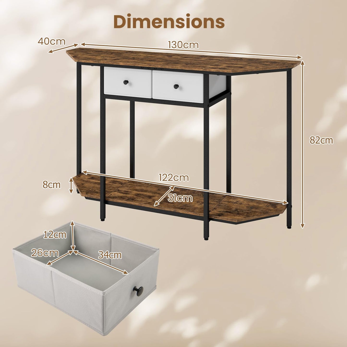 2-Tier Console Table Industrial Narrow Sofa Side Table with 2 Drawers and Shelf