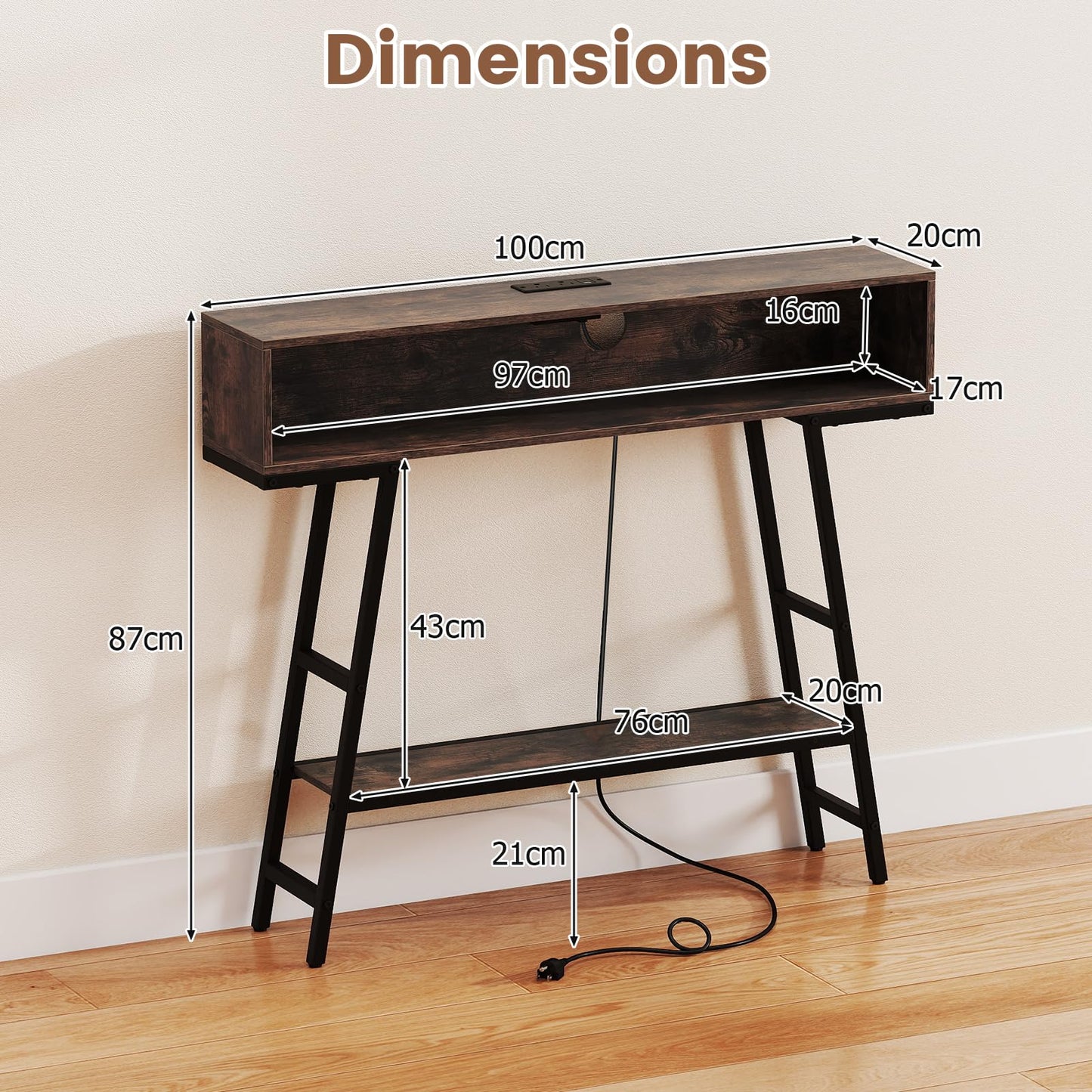 Console Table with LED Lights and Charging Station, 3-Tier Narrow Entryway Table with Storage Shelves