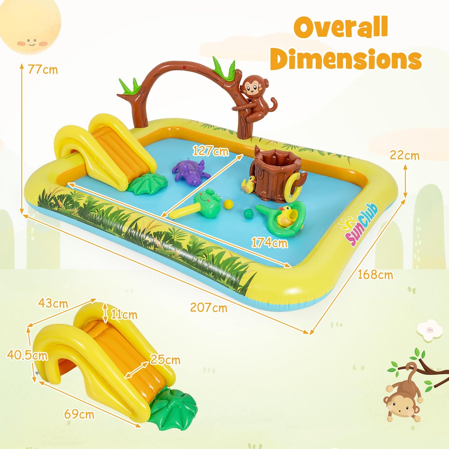 Inflatable Play Center, Jungle Animal Spray Paddling Pool with Slide & Sprinkle