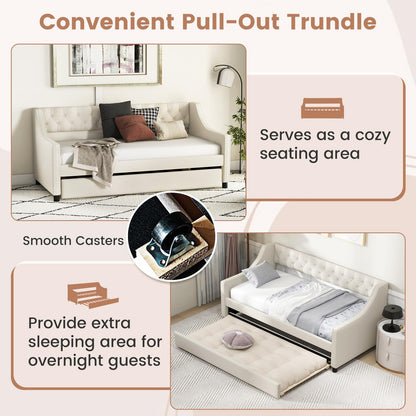 Single Size Trundle Bed Linen Upholstered Daybed with Backrest