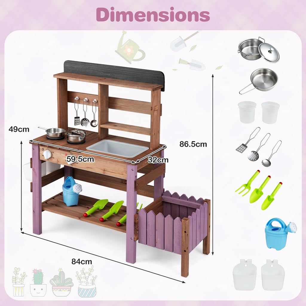 Kids Mud Kitchen, Garden Potting Bench with 2 Planting Pots, 2 Storage Bins, 2 Trowels