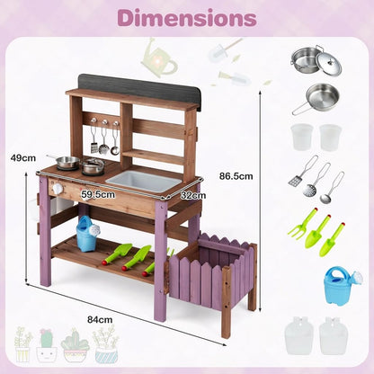 Kids Mud Kitchen, Garden Potting Bench with 2 Planting Pots, 2 Storage Bins, 2 Trowels