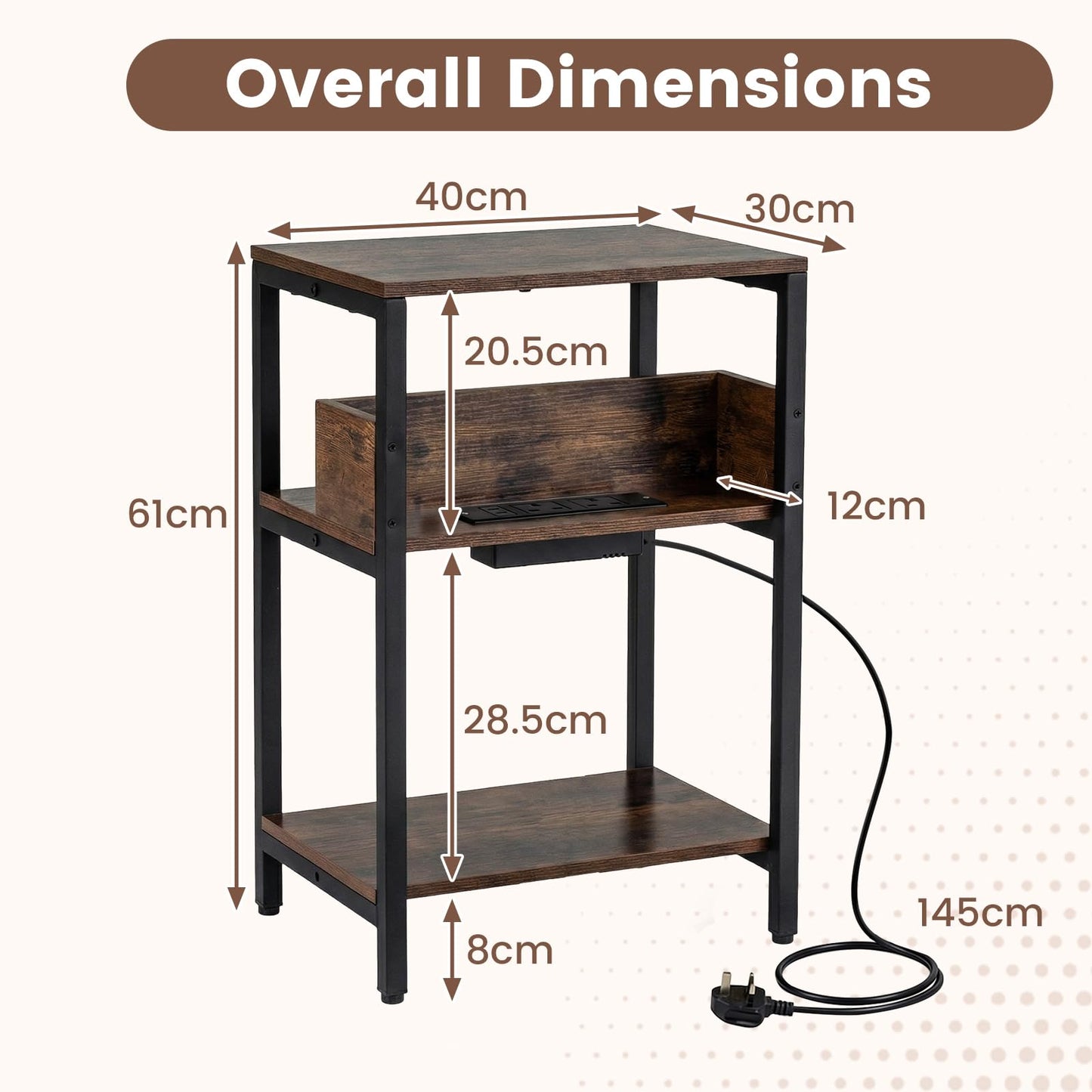Side Table with Charging Station, 3-Tier Industrial Nightstand Bedside Table
