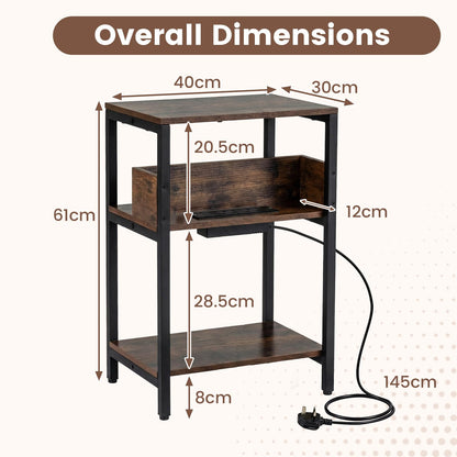 Side Table with Charging Station, 3-Tier Industrial Nightstand Bedside Table