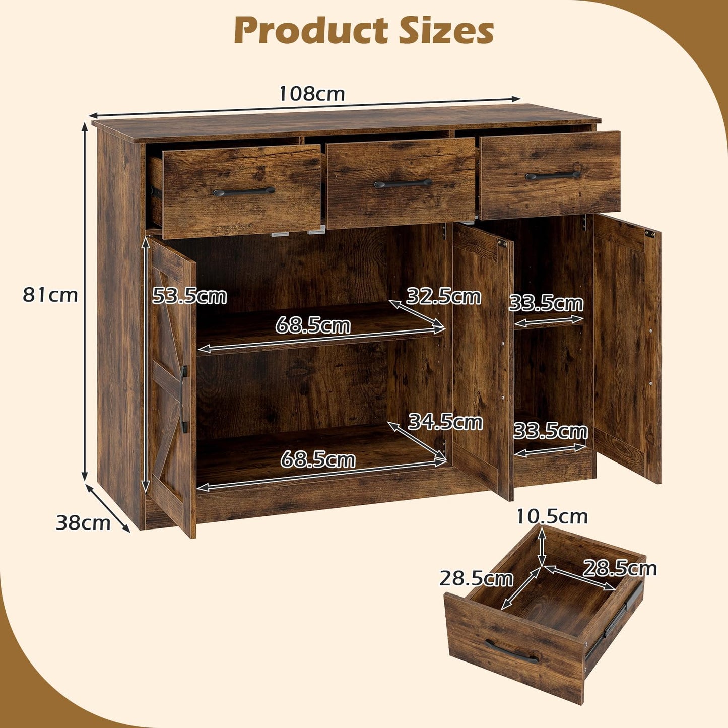 Sideboard Storage Cabinet, Large Kitchen Cupboard with Adjustable Shelf