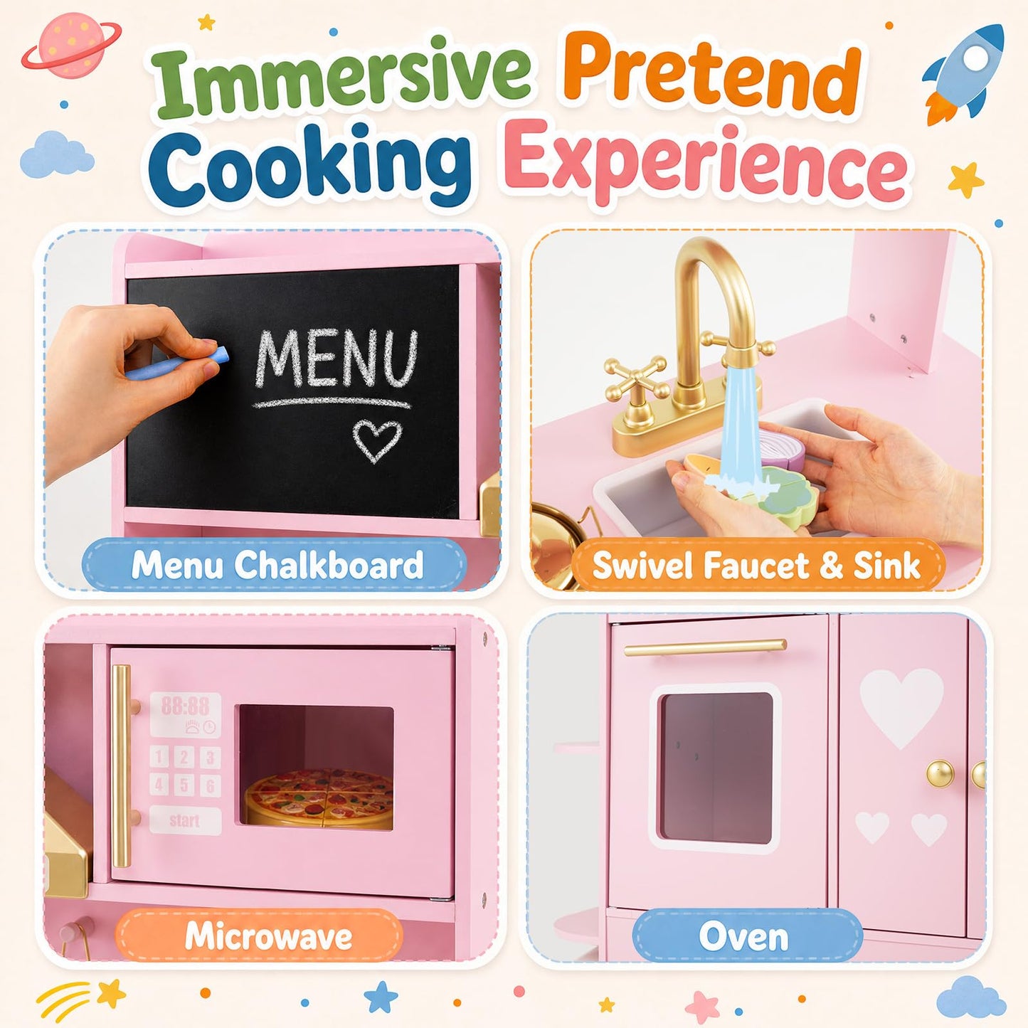 Kids Play Kitchen, Wooden Toy Kitchen with Stoves, Range Hood, Oven