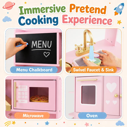 Kids Play Kitchen, Wooden Toy Kitchen with Stoves, Range Hood, Oven
