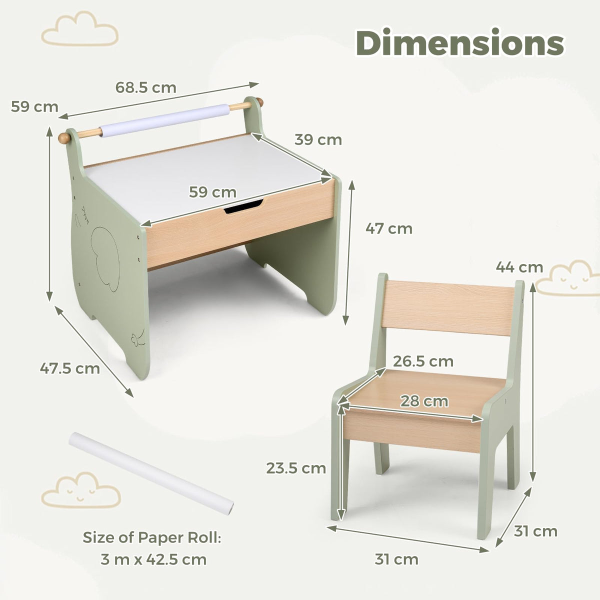 Kids Art Table and Chair Set with Paper Roll for Drawing