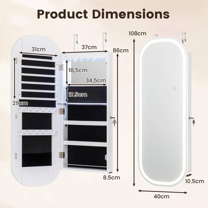 Wall and Door Mounted Jewelry Cabinet with 3-Color Adjustable Full-Length Mirror