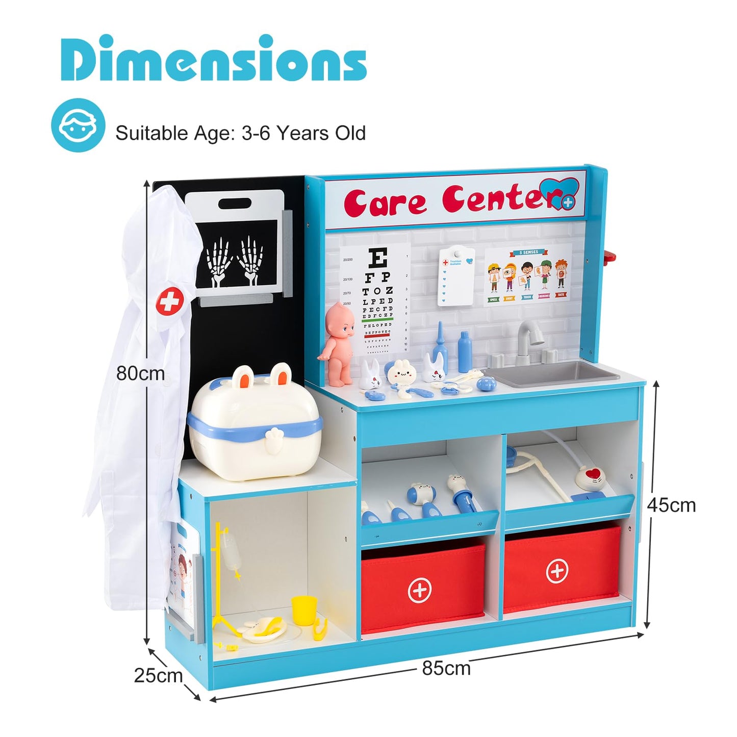 Wood Medical Center Toy Set with Examine Region and Height Measurer