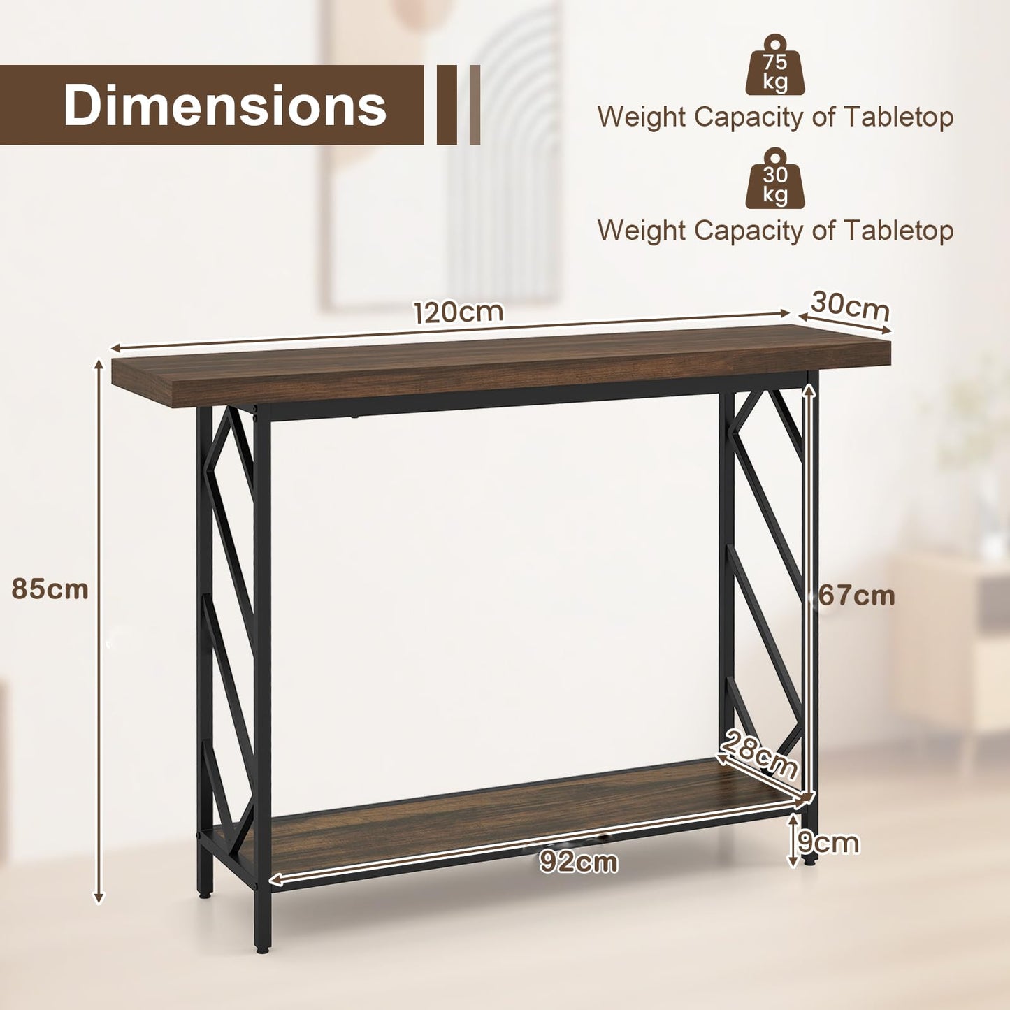 2-Tier Console Table, Industrial Slim Entryway Table with 40mm Top