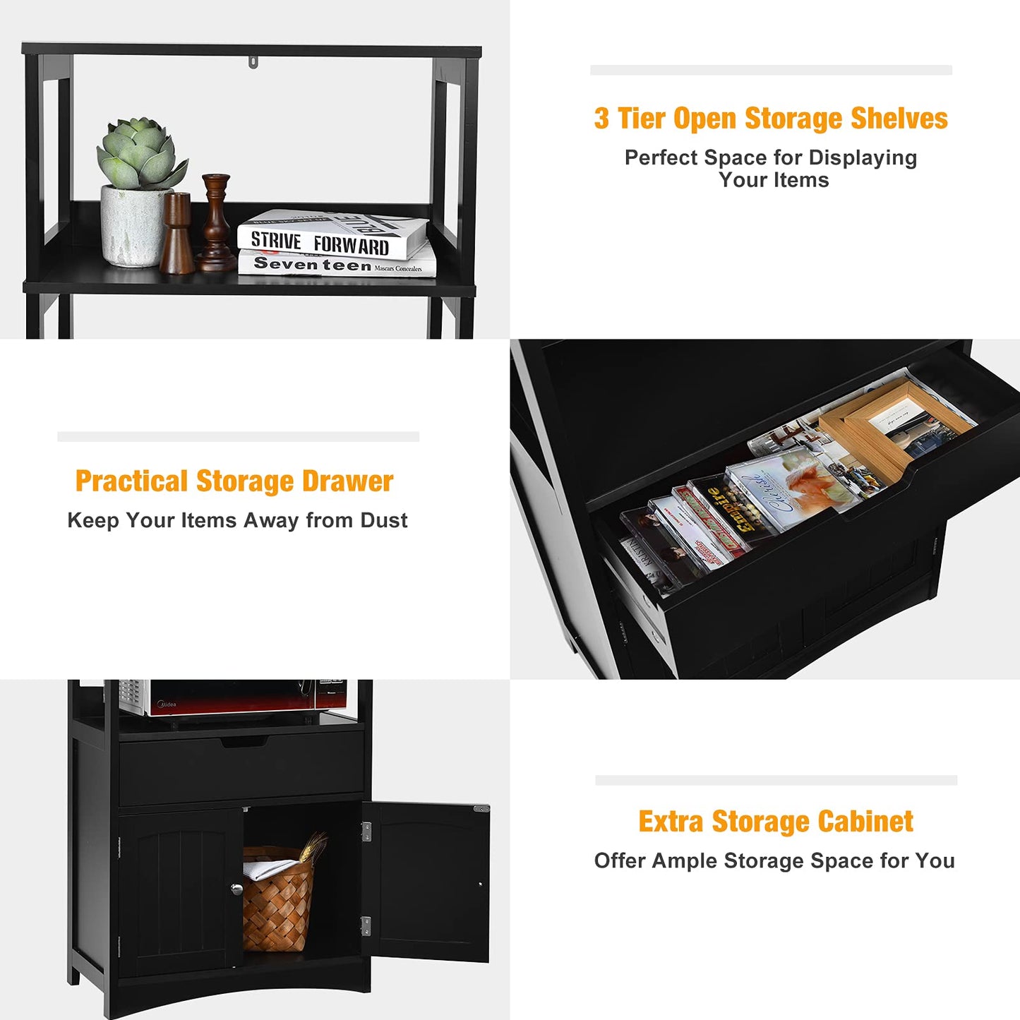 Wooden Freestanding Tall Cupboard with Open Shelves