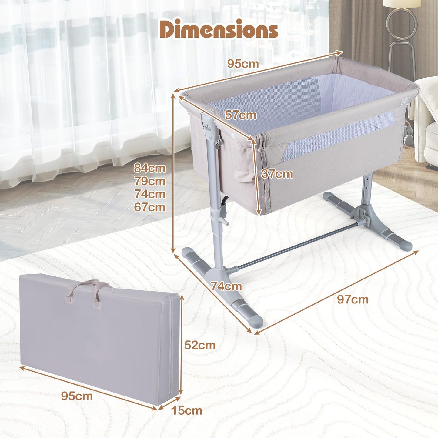 Baby Bedside Crib, 4-Level Height Adjustable Bassinet Crib (Beige) | Portable Newborn Bedside Sleeper