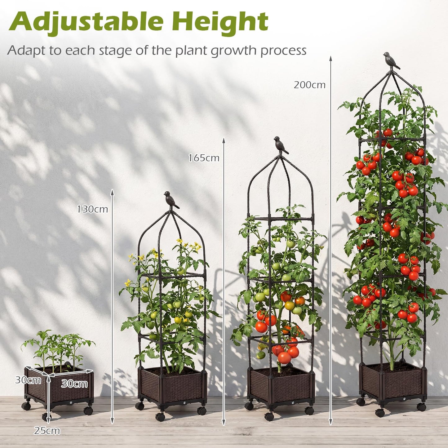 Raised Garden Bed with Trellis, Height Adjustable Rolling Planter Box