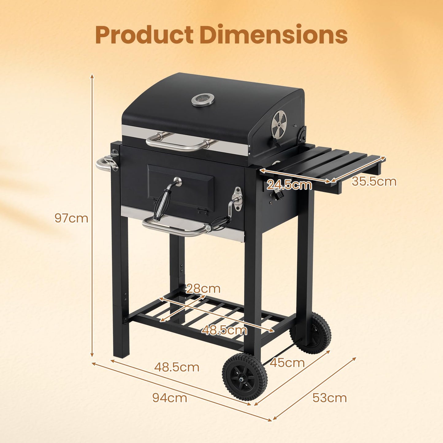 Charcoal Grill with Wheels Portable BBQ Grill with Adjustable Charcoal Tray