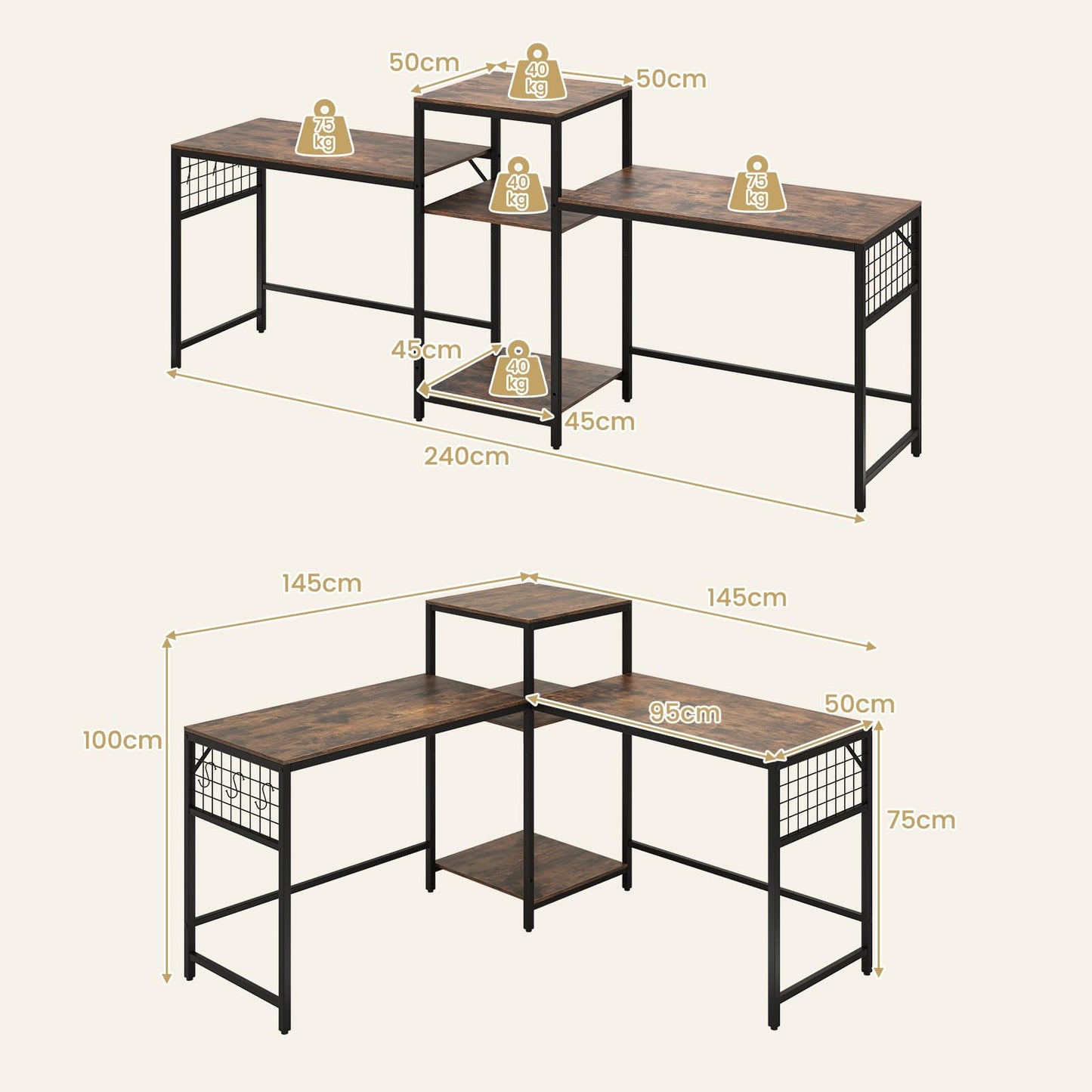 240 cm Long Convertible 2-Person Desk with Printer Stand and Adjustable Shelf