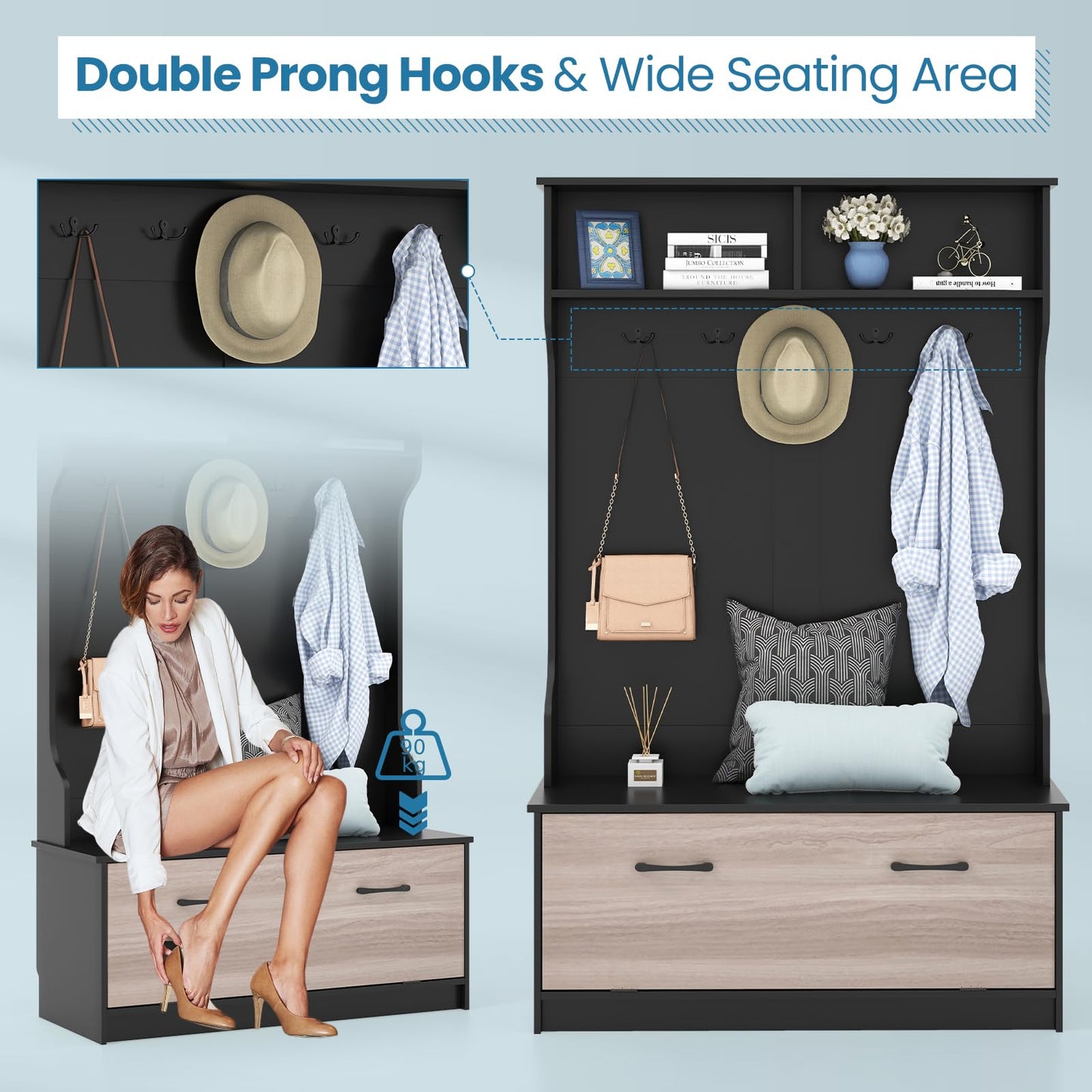 Coat Rack with Shoe Storage Freestanding Hall Tree Coat Stand with 5 Double Hooks