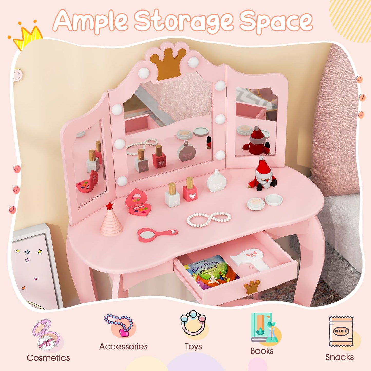 Kids Vanity Set with Lighted Mirror and Adjustable Brightness Pull-out Drawer and Stool