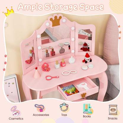 Kids Vanity Set with Lighted Mirror and Adjustable Brightness Pull-out Drawer and Stool