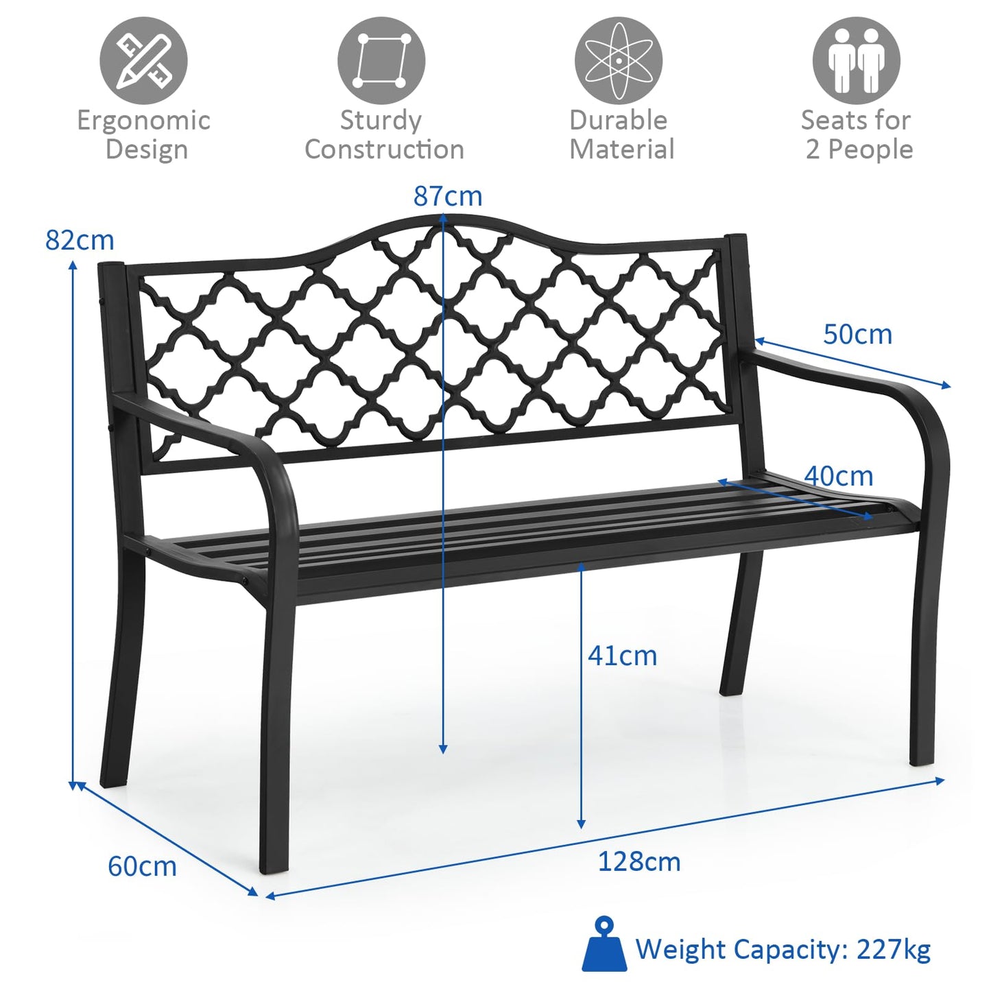128 x 60 x 87 cm Outdoor Metal Frame Loveseat Park Bench