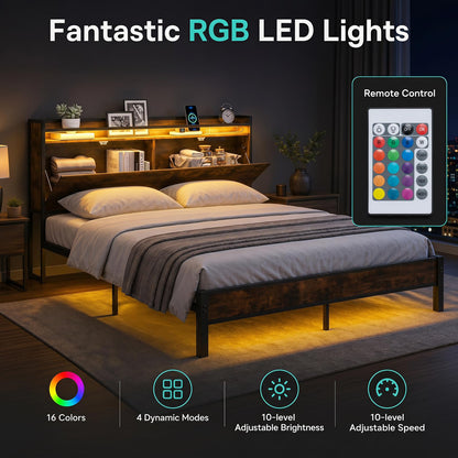 King Size Bed Frame with LED Lights, Charging Station,5ft-150x200cm