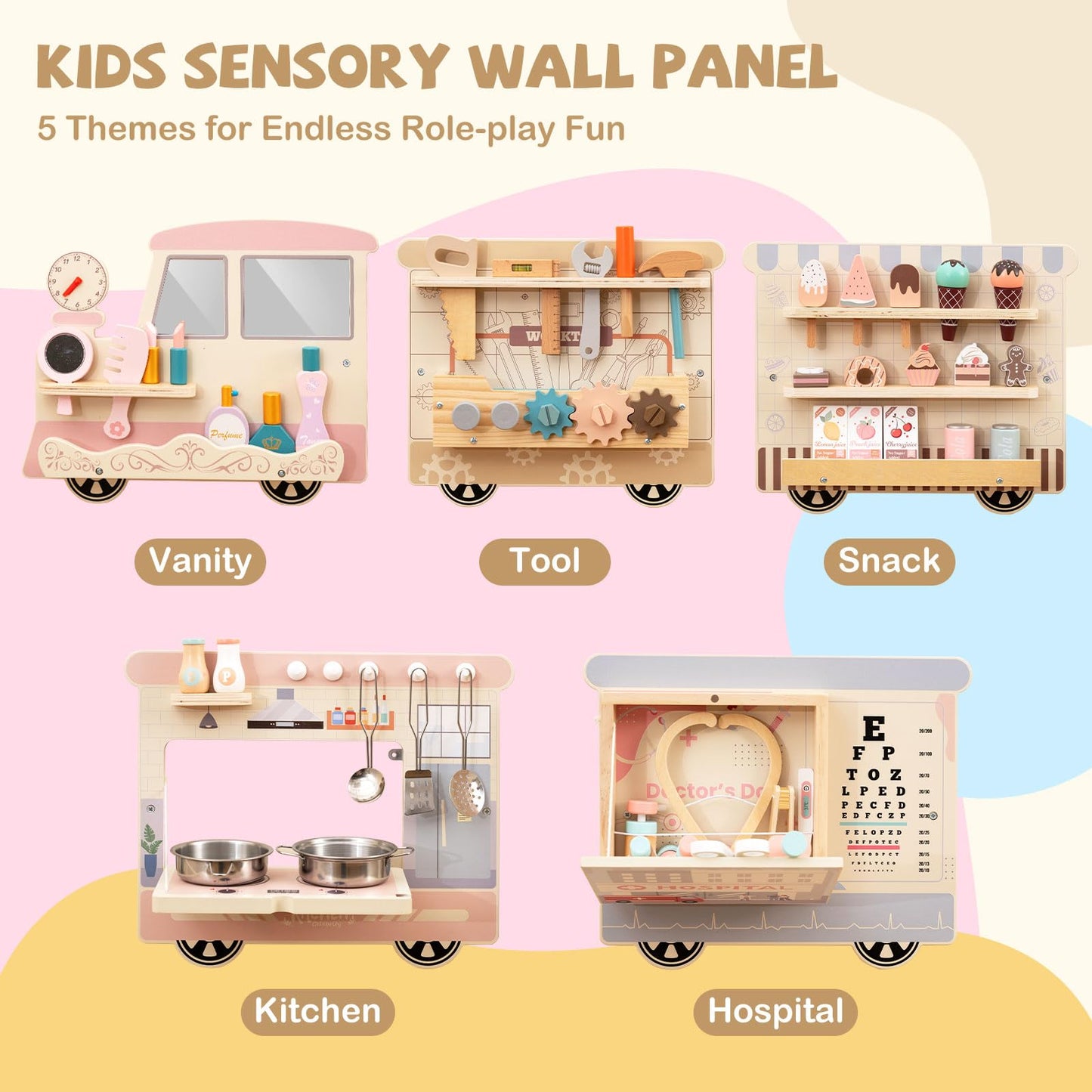 Train Activity Wall Busy Board, Wooden Sensory Wall Panel with Vanity