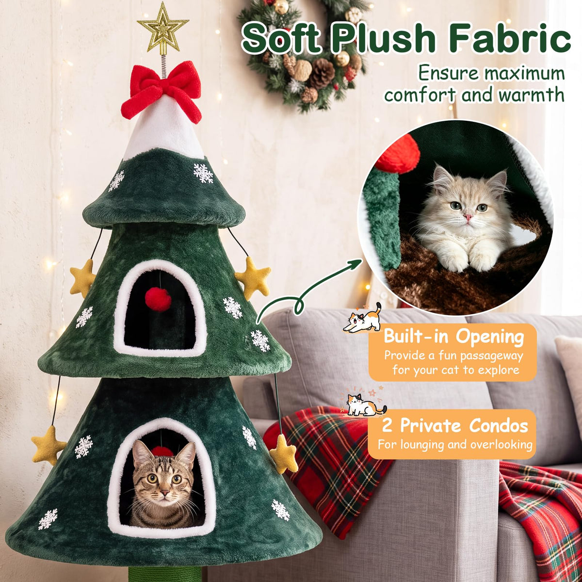 Cat Tree, Christmas Cats Climbing Tower with Condos