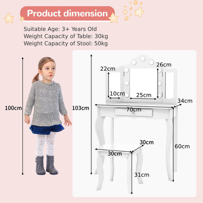 Kids Vanity Table and Stool Set with Real Glass Tri-Folding Mirror and Drawer