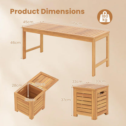 4-Piece Garden Bench and Storage Box Set, Acacia Wood Backless Patio Bench and Deck Boxes