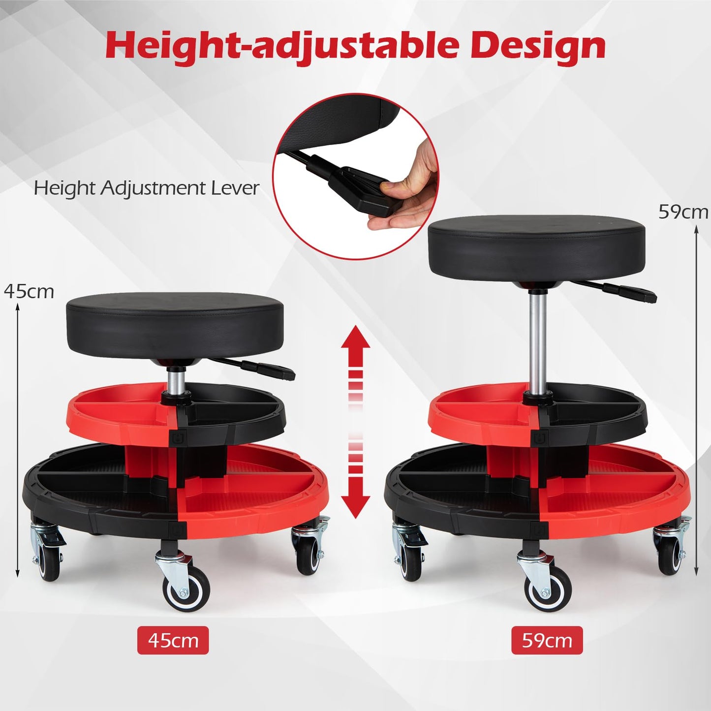 150 KG Max Load Rolling Mechanic Stool with Cushioned Seat Dual Tool Trays for Repair Shop