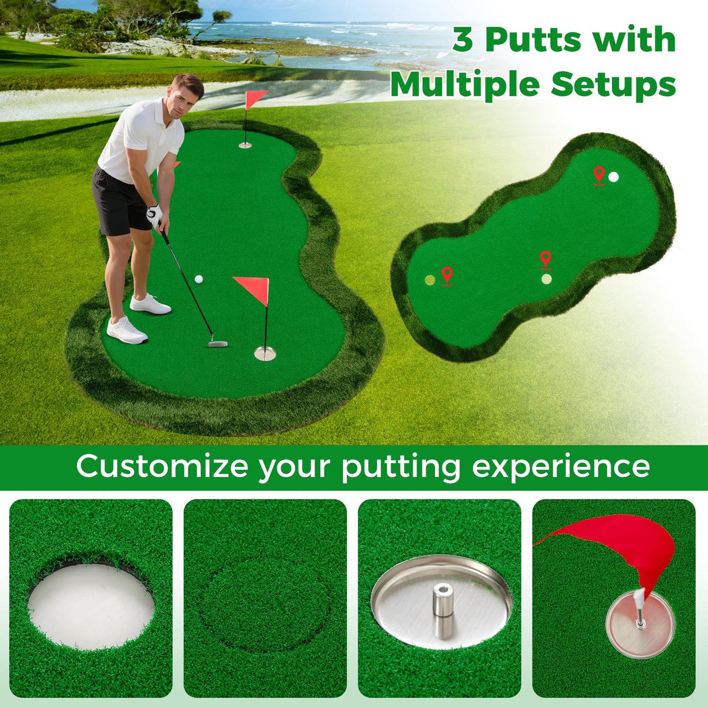 5 x 10 FT Professional Golf Practice Mat Putt Green Carpet with 3 Holes and Balls