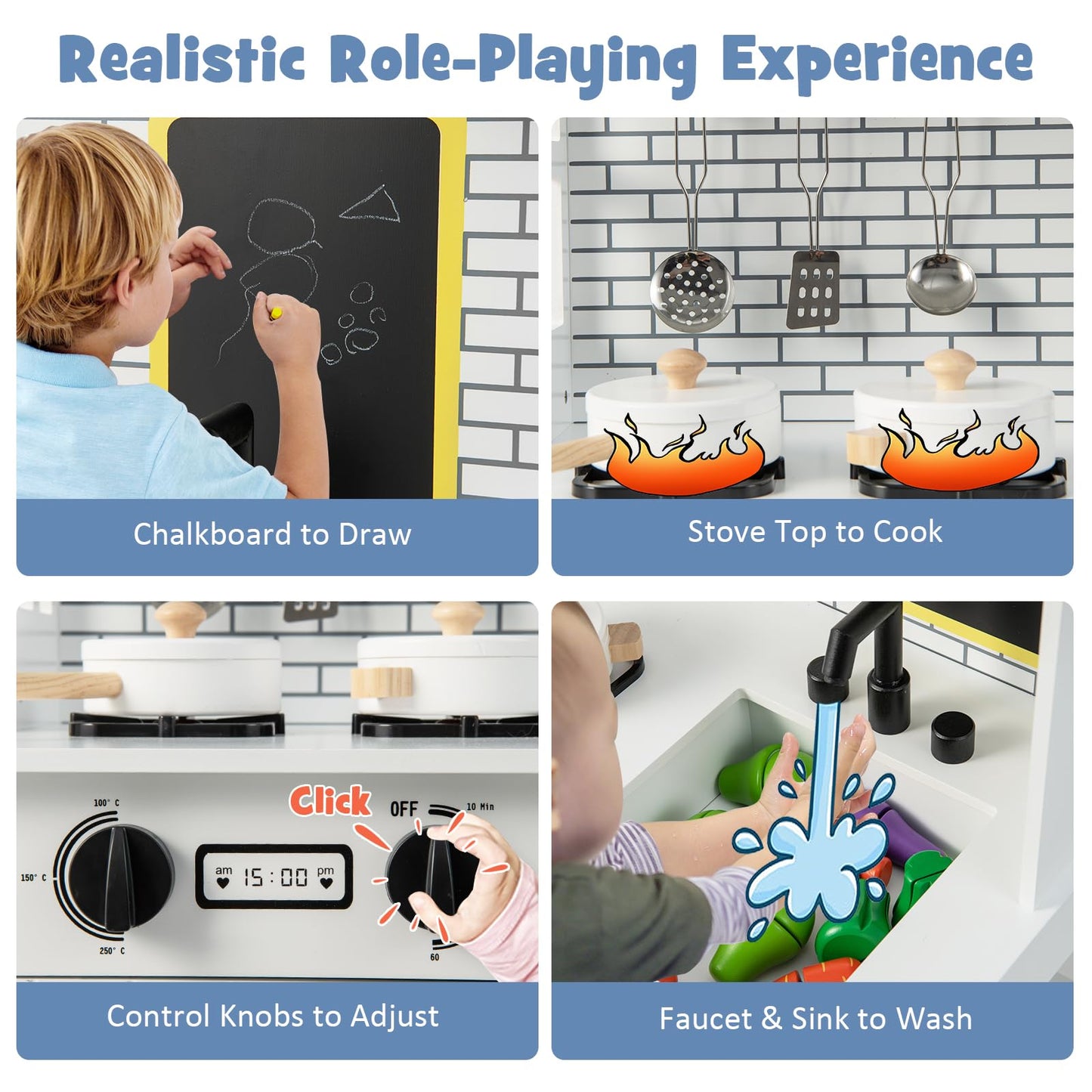 Kids Play Kitchen Pretend Playset with Stoves and Chalkboard