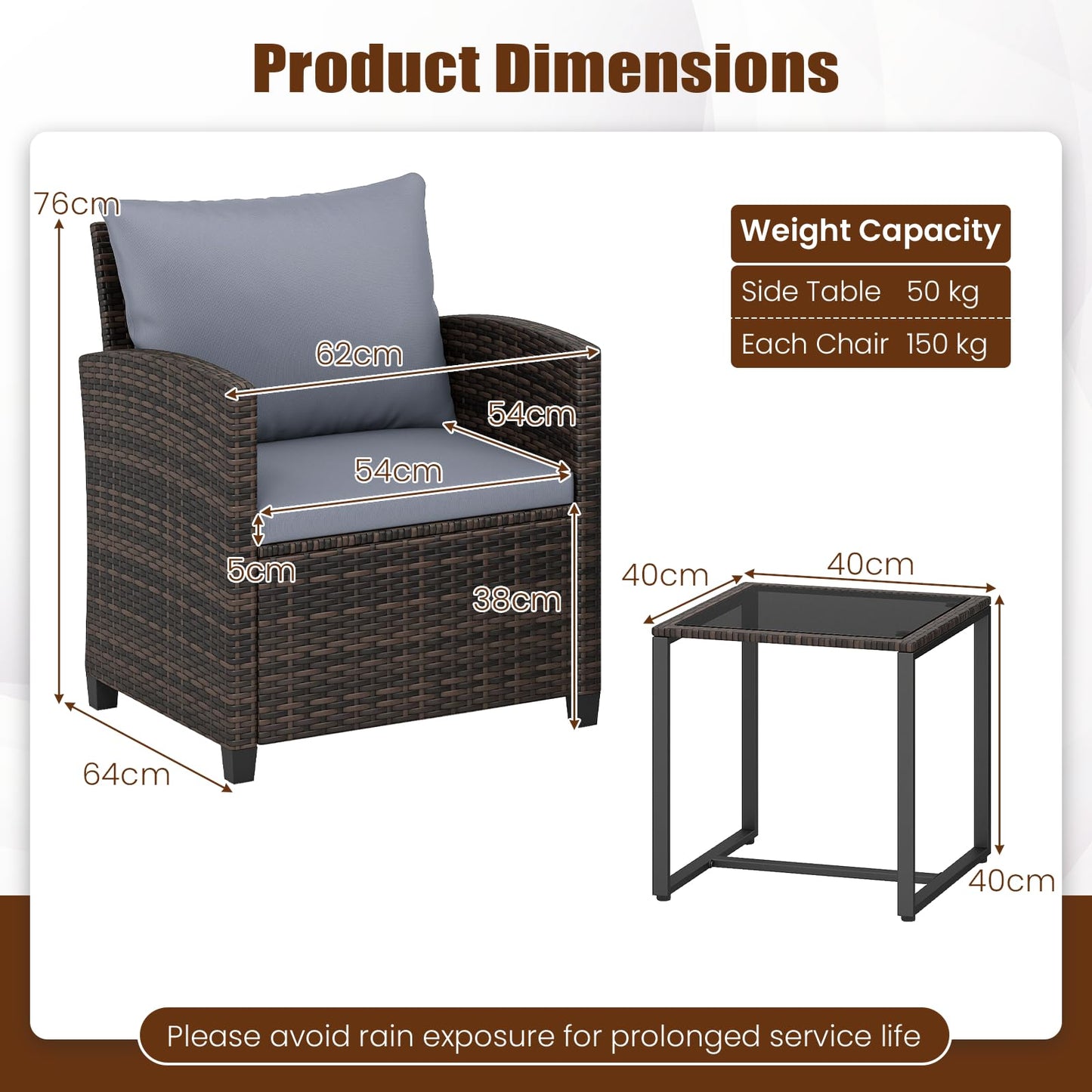 3 Pieces PE Rattan Wicker Outdoor Bistro Conversation Set with Soft Cushions and Tempered Glass Coffee Table