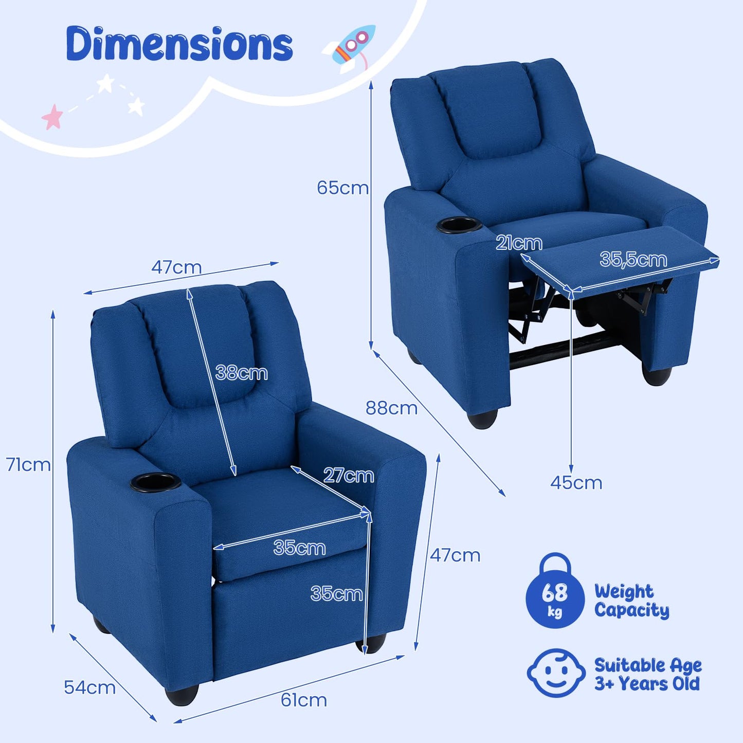 Kids Recliner with Cup Holder PU Leather Kids Reclining Chair